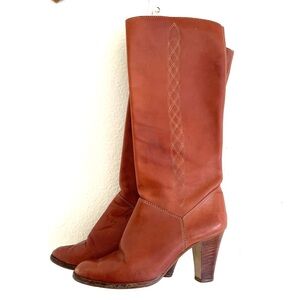 Vintage Nine West Cognac Leather Stack Heel Campus Boots